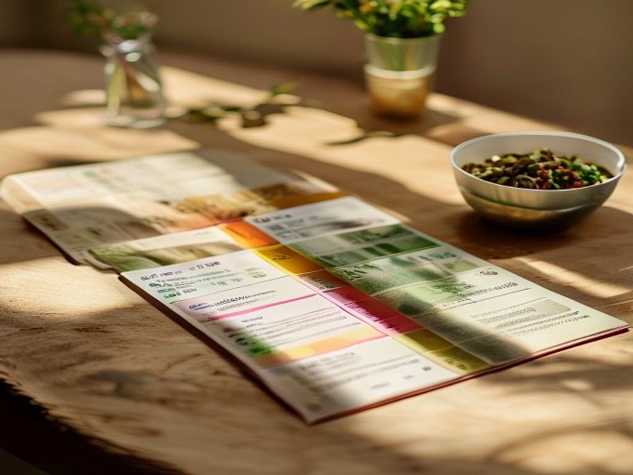 Open meal planning guide with colorful ingredient photographs and handwritten notes