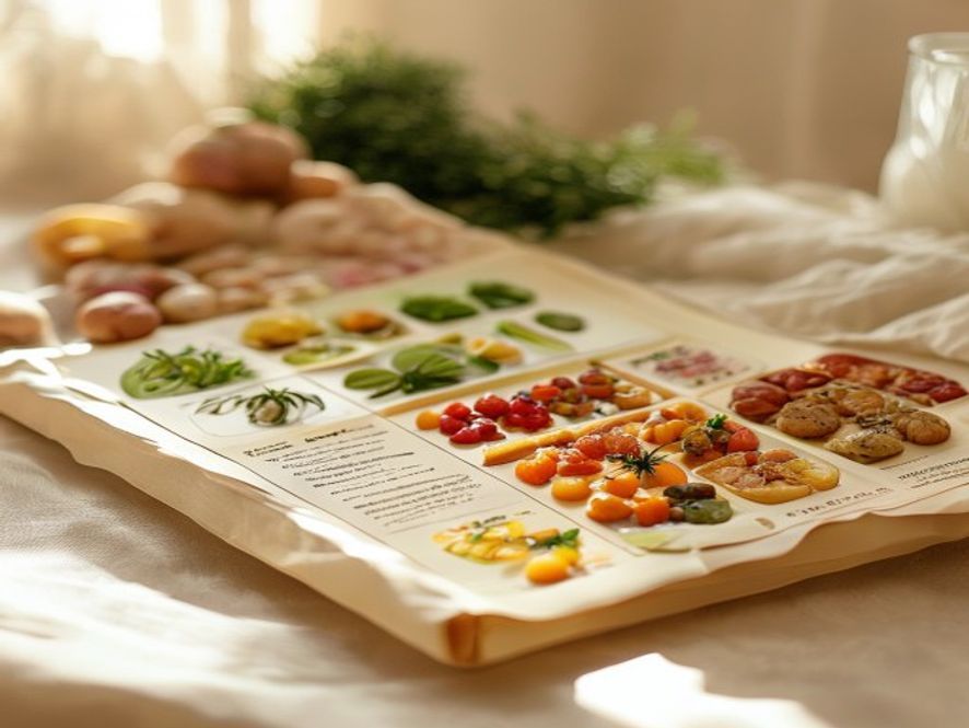 Detailed meal framework chart showing food groups, portions, and meal timing options